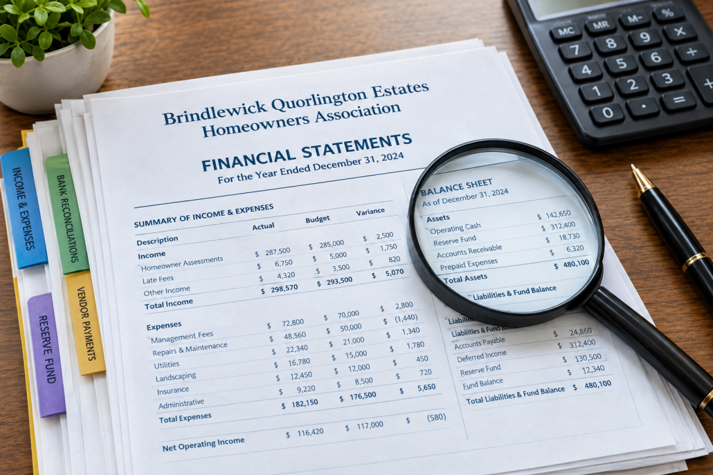 Stack of HOA financial statements with a magnifying glass symbolizing a fraud review