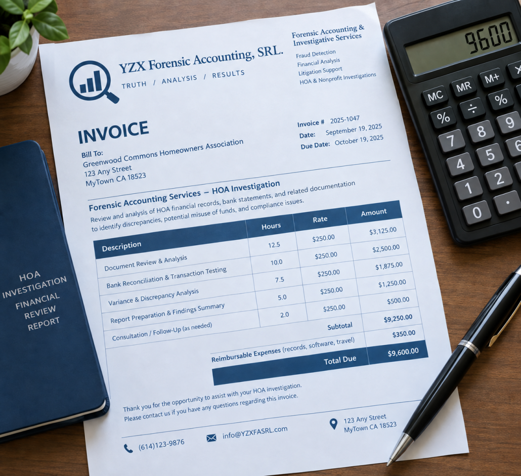 Invoice and calculator representing forensic accounting fees for HOA investigations