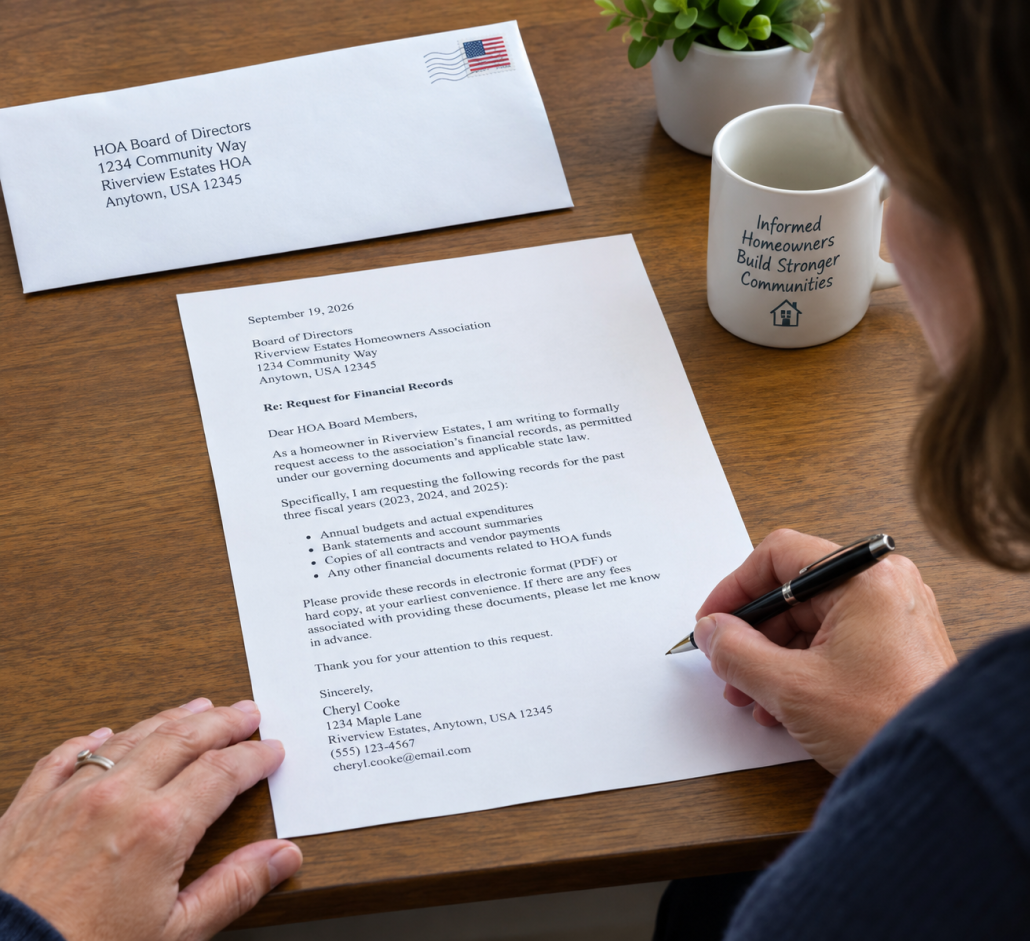 Homeowner requesting financial records from HOA board in writing